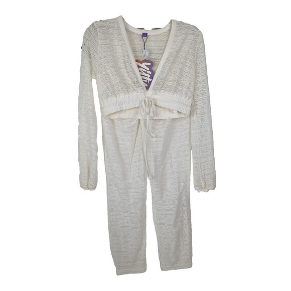 YITTY Ivory Knit Slip Semi Sheer Lace Crop Top and Ruched Back Legging Set M - Picture 2 of 16